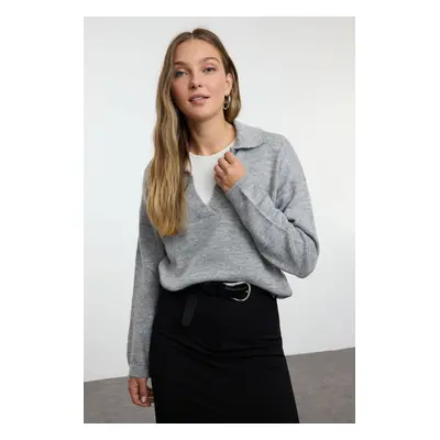 Trendyol Grey Wide Pattern Soft Texture Basic Knitwear Sweater