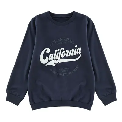 Trendyol Navy Blue Slogan Printed Cotton Knitted Sweatshirt