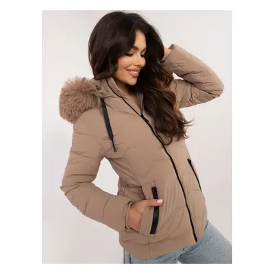 Beige quilted transitional jacket with fur