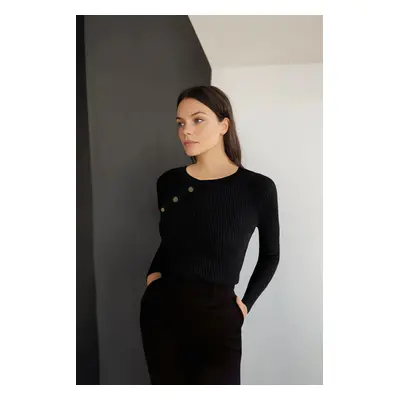 Trendyol Black Plain Fitted/Body-Sitting Raglan Sleeve Snap Detail Stretchy Knitted Blouse