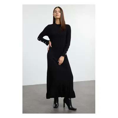 Trendyol Black Frilled Rib Knit Dress