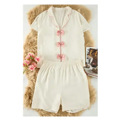 Trendyol Curve Ecru Ribbon/Bow and Piping Detailed Viscose Woven Pajama Set