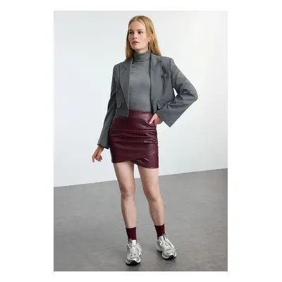 Trendyol Burgundy Inside Rose Gold Faux Leather Draped High Waist Fitted Skirt