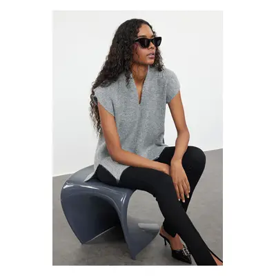 Trendyol Gray Soft Texture V Neck Side Slit Knitted Sweater