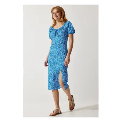 Happiness İstanbul Women's Blue Patterned Gathered Knitted Dress