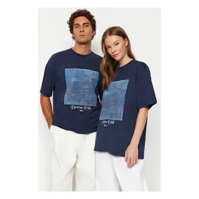 Trendyol Navy Blue Unisex Oversize Revolution Erbil Printed Knitted T-Shirt