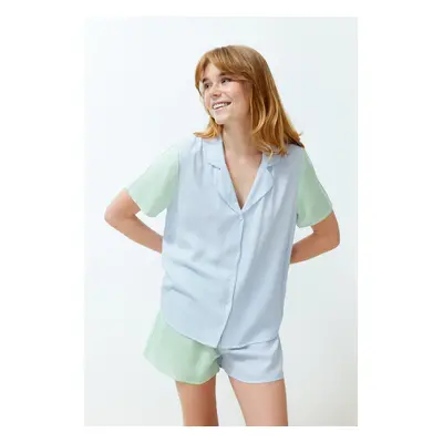 Trendyol Blue-Green 2-Color Striped Viscose Woven Pajamas Set