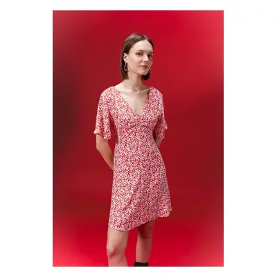 DEFACTO V-Neck Floral Moroccan Mini Short Sleeve Red Dress