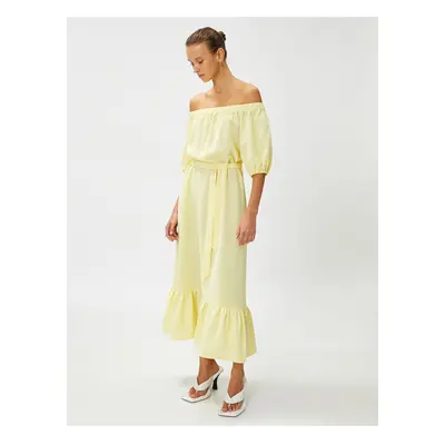 Koton Midi Dress with Open Shoulder and Belt