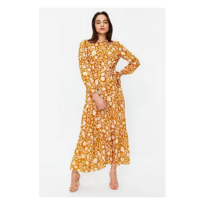 Trendyol Mustard Small Floral Printed Ruffle Detailed Belted Woven Dress