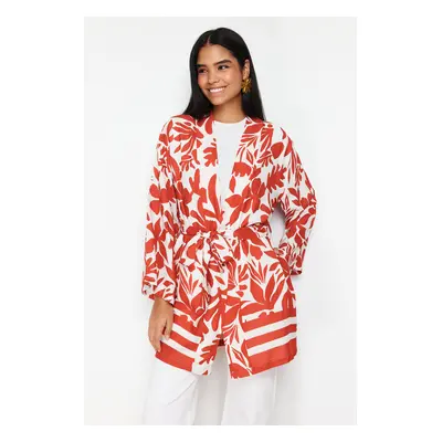 Trendyol Red Floral Patterned Kimono & Kaftan with Tie Detail and Pockets