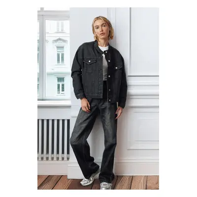 Trendyol Anthracite Stand Collar Oversize Denim Jacket