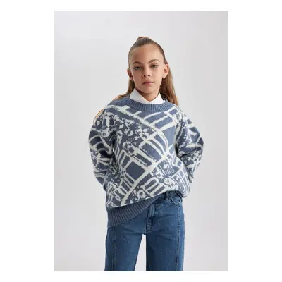 DEFACTO Girl's Crew Neck Patterned Knitwear Sweater