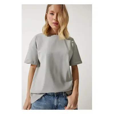 Happiness İstanbul Women's Stone Gray Loose Basic Cotton T-Shirt