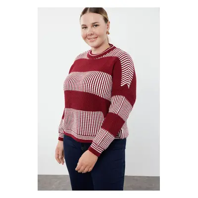 Trendyol Curve Red-Ecru Striped Textured Crew Neck Knitwear Sweater