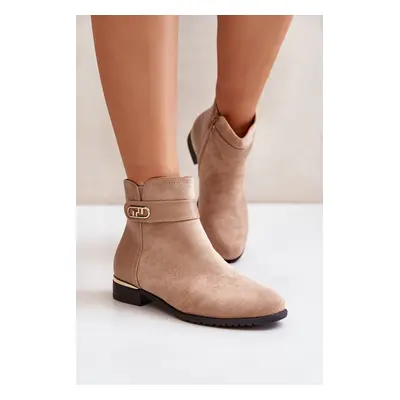 Insulated women's ankle boots on a flat heel with gold details beige Ravasira