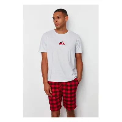 Trendyol Gray - Red Regular Fit Plaid Embroidered Knitted Pajama Set with Shorts