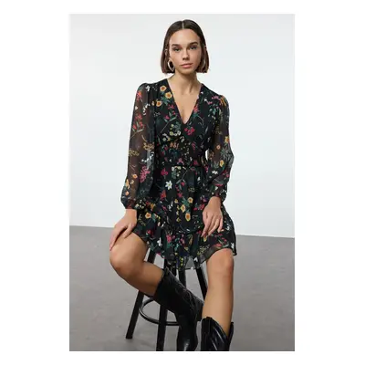 Trendyol Black Floral Patterned Mini Woven Dress with Waist Opening Skirt and Gipe Detail