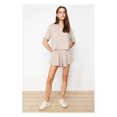 Trendyol Beige Soft Touch T-shirt and Shorts Knitted Two Piece Set