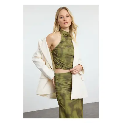 Trendyol Green Draped Weightlifting Neck Fitted/Situated Tulle Knit Knitted Blouse