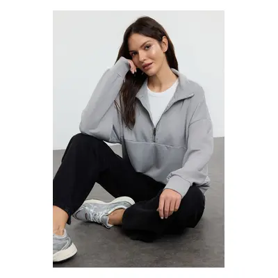 Trendyol Grey Oversize/Wide Zipper Collar Flexible Knitted Sweatshirt