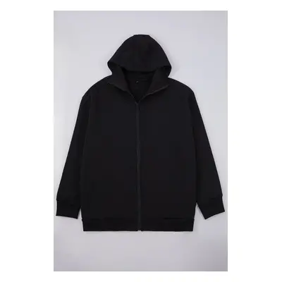 Trendyol Plus Size Black Oversize/Wide Cut Zippered Hooded Cotton Sweatshirt