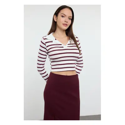 Trendyol Plum Striped Polo Collar Crop Knit Blouse