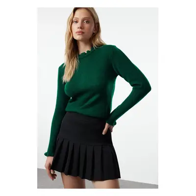 Trendyol Dark Soft Texture Green Ruffle Detailed Knitwear Sweater