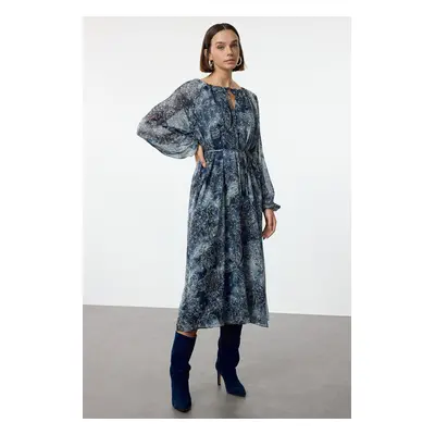 Trendyol Navy Blue Belted Floral A-Line Midi Lined Woven Winter Dress