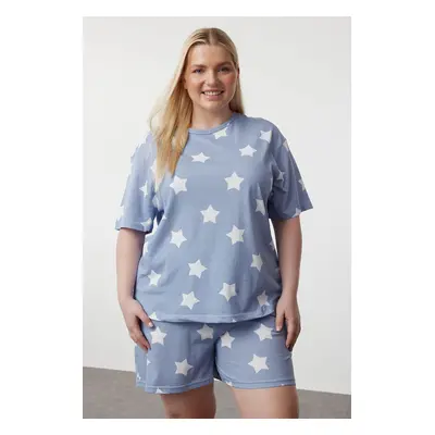 Trendyol Curve Blue Star Patterned Knitted Pajama Set