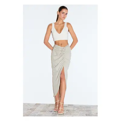 Trendyol Beige Gather Detailed Cotton Linen Blend Midi Length Woven Skirt