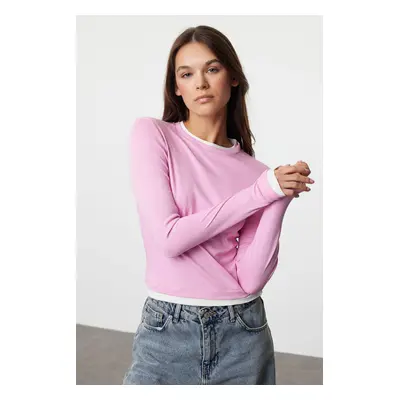 Trendyol Pink Color Block Fitted Viscose/Soft Fabric Stretchy Knitted Blouse