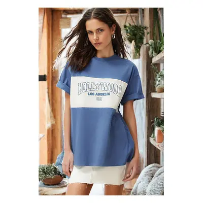 Trendyol Indigo 100% Cotton Color Block City Print Oversize/Wide-Fit Knitted T-Shirt