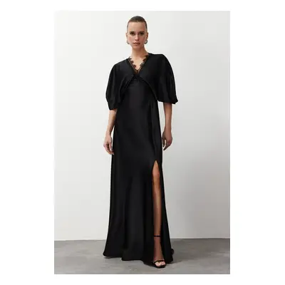 Trendyol Black Lace Detailed Woven Satin Long Evening Evening Dress