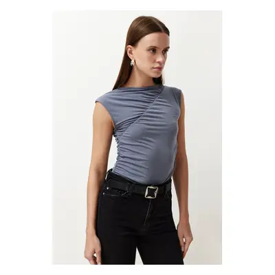 Trendyol Gray Fitted/Fitted Gathered Stretch Knitted Blouse