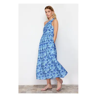 Trendyol Blue Floral Print A-line One Shoulder Midi Woven Dress