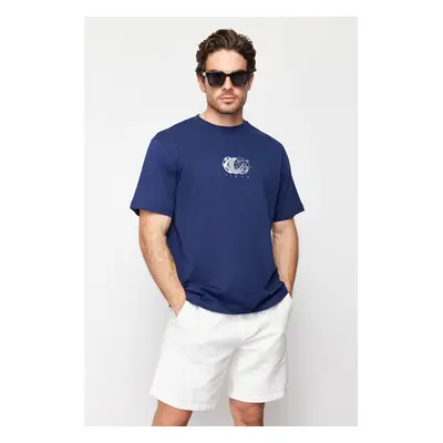 Trendyol Navy Blue Relaxed/Casual Cut Printed 100% Cotton T-Shirt