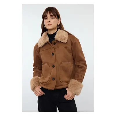 Trendyol Brown Regular Fit Plush Detailed Suede Coat