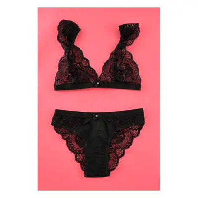 Trendyol Black Lace Ribbon/Bow Uncovered Knitted Underwear Set