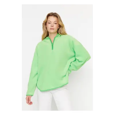 Trendyol Green Thick Fleece Hooded and Zippered Oversized/Wide Knit Sweatshirt