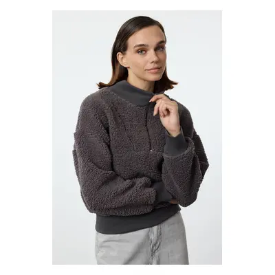 Trendyol Anthracite Zippered Oversize/Wide Fit Plush Thick Knitted Sweatshirt