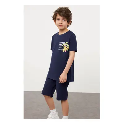 Trendyol Navy Blue Boy Printed Short Sleeve T-shirt Shorts Cotton Knitted Set Bottom-Top Set