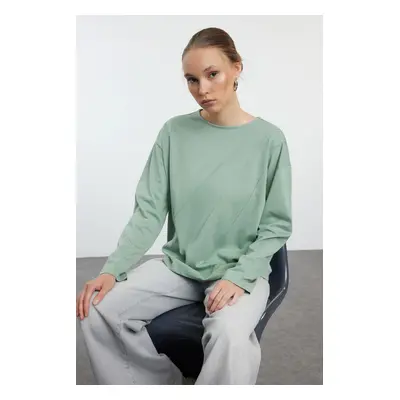 Trendyol Mint 100% Cotton Stitching Detailed Relaxed/Comfortable Pattern Knitted T-Shirt