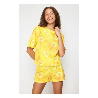 Trendyol Yellow 100% Cotton Sun Patterned Knitted Pajama Set