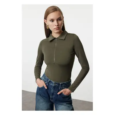 Trendyol Khaki Zipper Collar Detailed Stretchy Knitted Bodysuit with Snap Fasteners