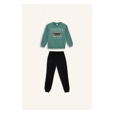 DEFACTO Boy 2-Piece Set Crew Neck Printed Thick Sweatshirt Elastic Waist Tracksuit Bottoms