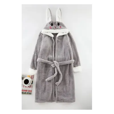 Trendyol Gray Belted Animal Figured Hooded Wellsoft Winter Knitted Dressing Gown