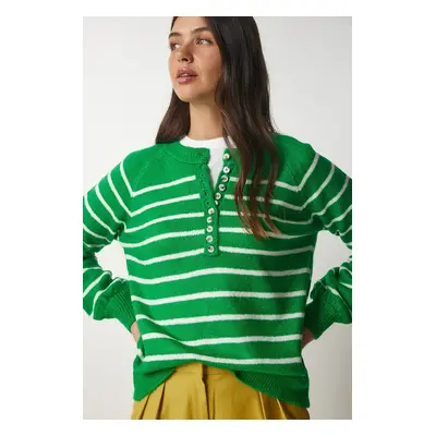 Happiness İstanbul Women's Vivid Green Buttoned Collar Striped Knitwear Sweater