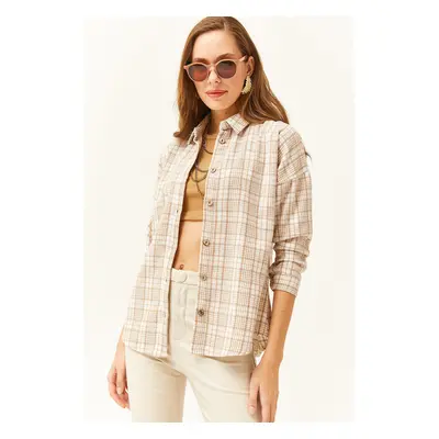 Olalook Women's Ecru Stone Plaid Lumberjack Shirt