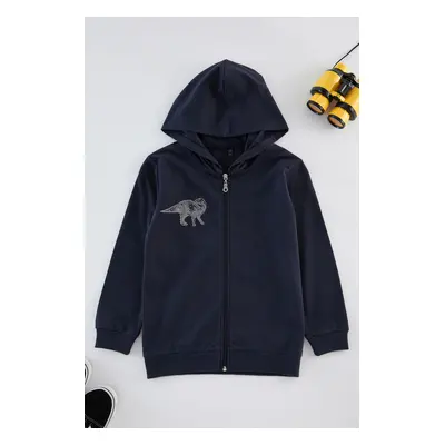 Trendyol Navy Blue Boy Printed Hooded Zippered Cotton Knitted Cardigan